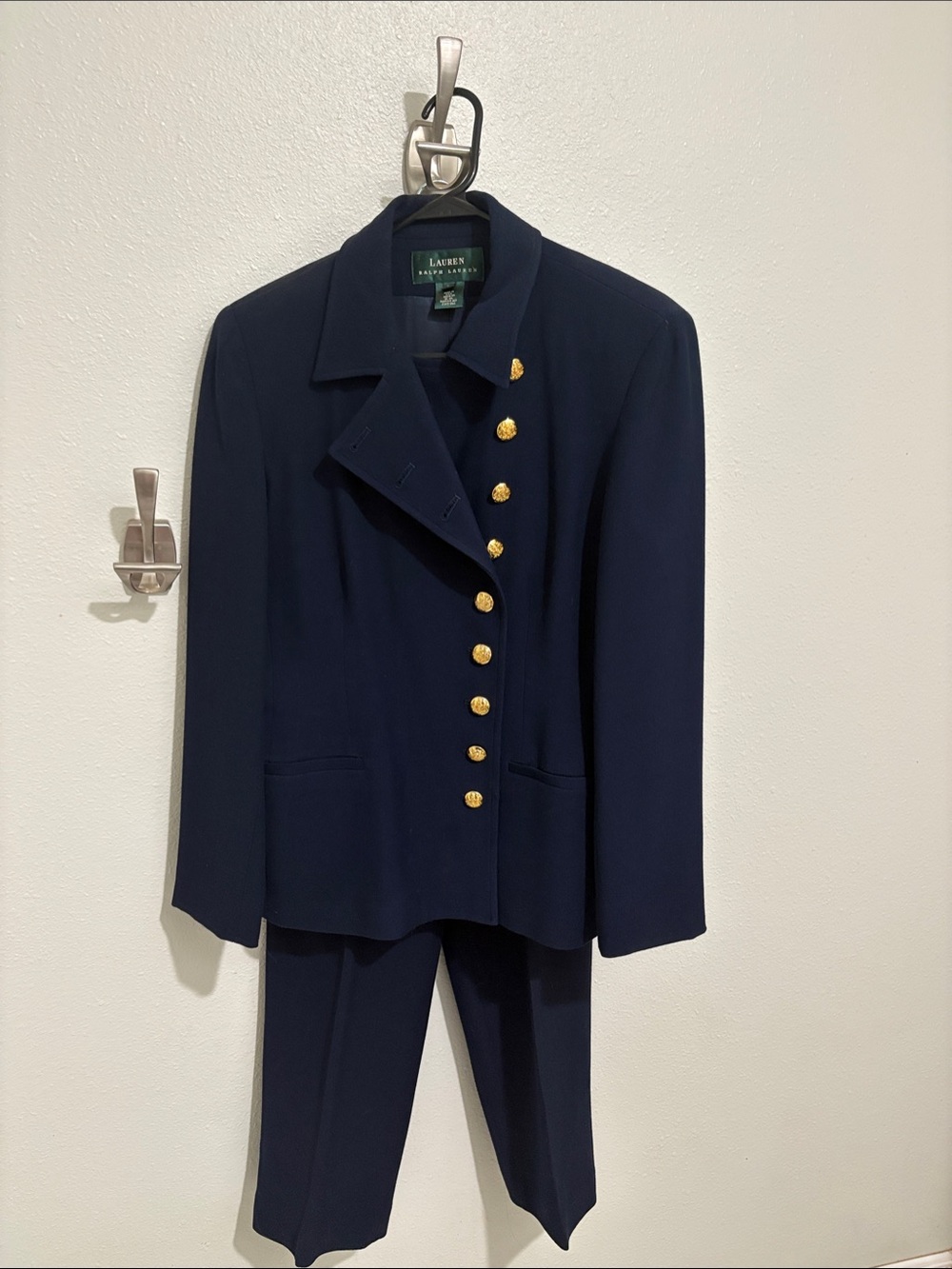 Lauren Ralph Lauren Navy Asymmetric Gold-Button Blazer - Picture 3 of 11